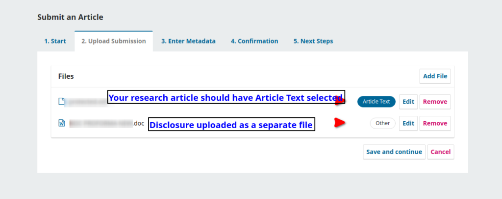 Screenshot of step 2 of manuscript submission process at North J Med Sci, indicating how to submit the research funding disclosure.